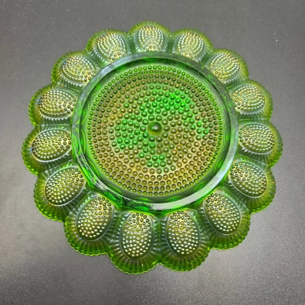 Indiana Glass Green Carnival Hobnail Iridescent Deviled Egg Plate Platter Vtg